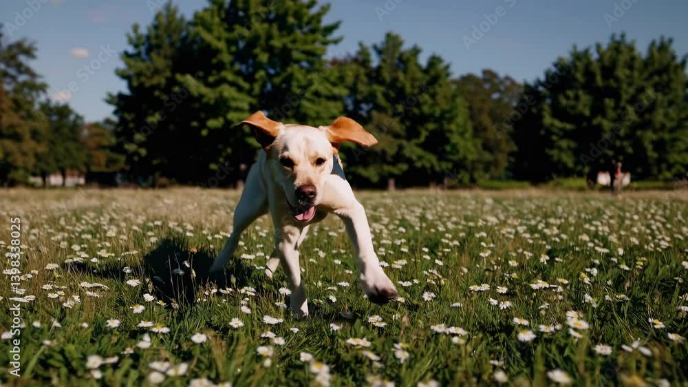 Poster a joyful dog runs through a field of daisies, captured from a low-angle, creating a dynamic and live