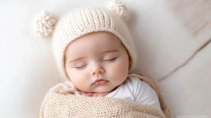 Infant in Knit Hat and Blanket Soft Gentle Style High-Resolution Soft Lighting Close-up Portrait View Peaceful Slumber Neutral Background Creamy Warm Tones Ideal for Baby Products