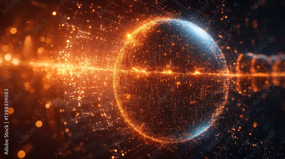 Poster digital universe: a glowing sphere of light and data