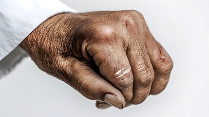 Close-up of a weathered, wrinkled hand, showing signs of age and hard work.  The skin is deeply tanned and textured, with visible scars and lines. The hand is slightly clenched into a fist.