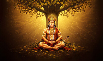 Lord Hanuman Meditating Under the Sacred Tree