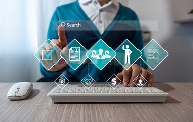 Human resources concepts. Business professionals collaborate through digital channels, data sharing, and global outsourcing