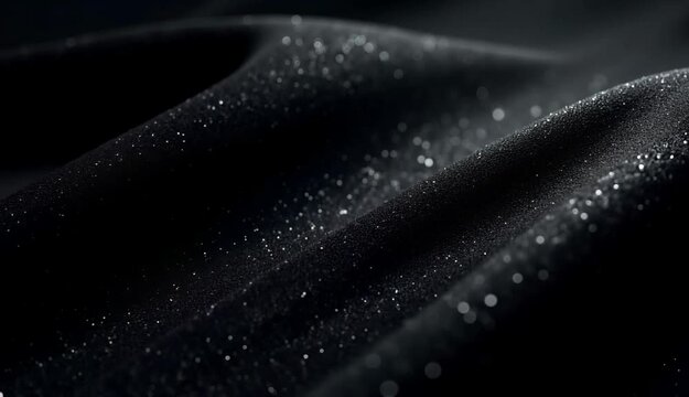 Close-up of water droplets rolling on a black waterproof fabric, showcasing its hydrophobic properties