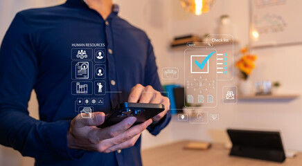 Human Resources Recruitment Management Employment Headhunting Concepts. Human Resources uses smartphones to search for and select job applicants. The process of selecting people to join the workforce