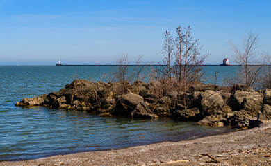 Shore with stones and small vegetation on the sandy beach of Lake Erie, Ohio