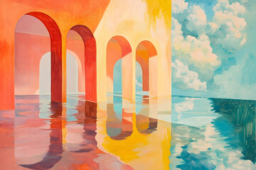 A vibrant architectural painting of arches reflecting on a placid body of water.