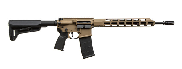 A modern semi-automatic rifle with a tan and black color scheme, featuring a modular handguard,...