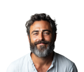 Smiling man portrait bright happiness concept. Isolated on transparent background, png.