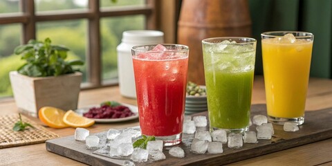 Fototapeta premium The drinks, in shades of yellow, red, and green, suggest a variety of fruit blends, with mint leaves as garnishes. 