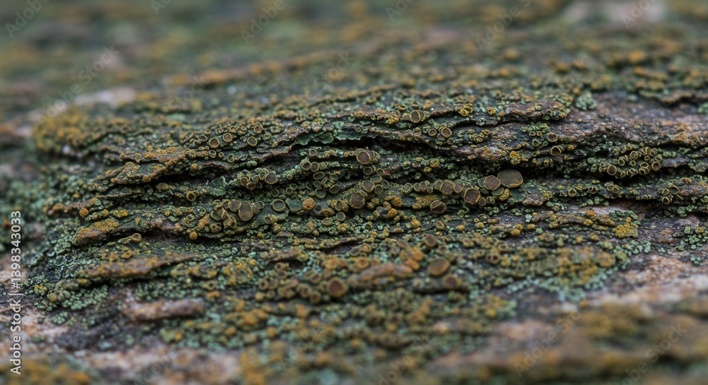 Poster detailed close-up of lichen on tree bark showing texture and color