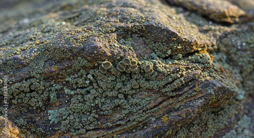 Aufkleber rock surface covered with green lichen patches in detailed closeup