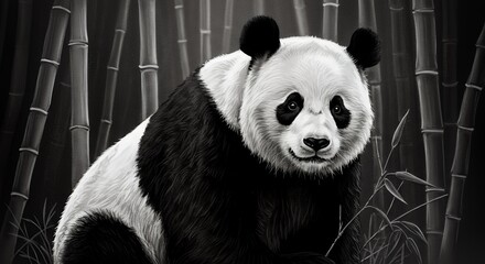 Fototapeta premium Panda Sitting in Bamboo Forest Monochrome Wildlife Illustration