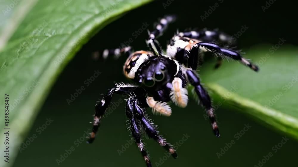 Poster close-up video shot of a jumping spider on a leaf, highlighting its detailed features and vibrant co