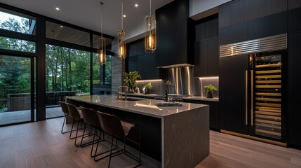 Modern kitchen interior design featuring an island and barstools