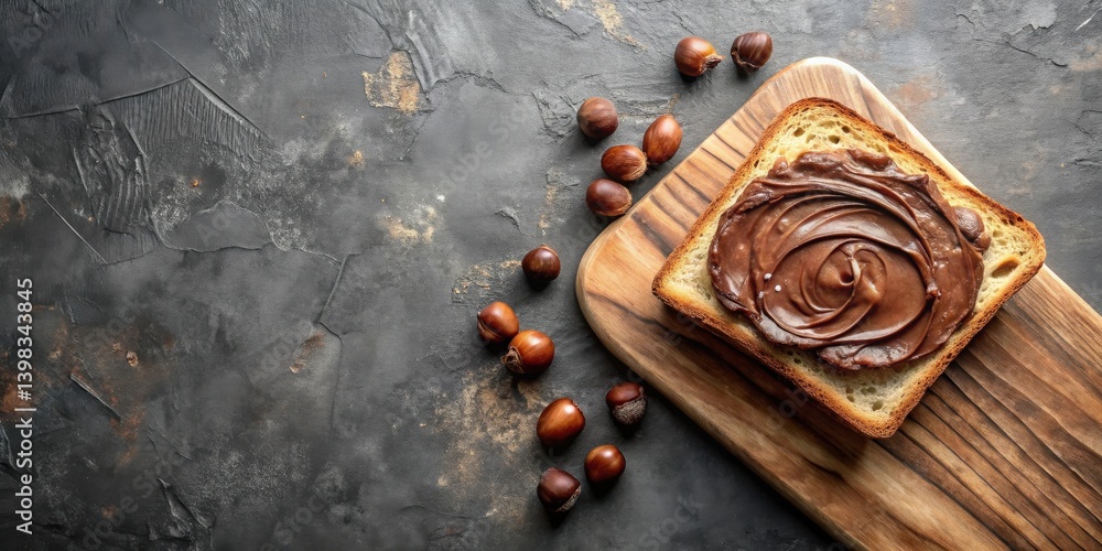 Poster a delectable slice of toasted bread topped with rich, creamy chocolate hazelnut spread, accompanied 