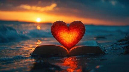 Fototapeta premium Sunset Romance: A Glowing Heart on an Open Book by the Ocean