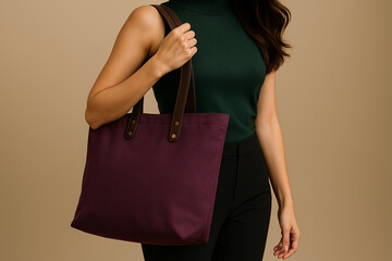 A woman in a sleeveless dark green top holds a deep purple canvas tote bag with brown leather straps