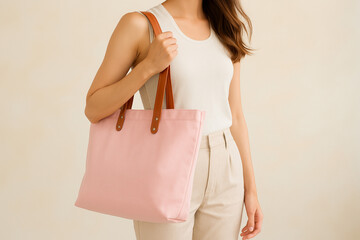 A woman in a sleeveless white top and beige pants carries a light pink canvas tote bag with tan leather straps
