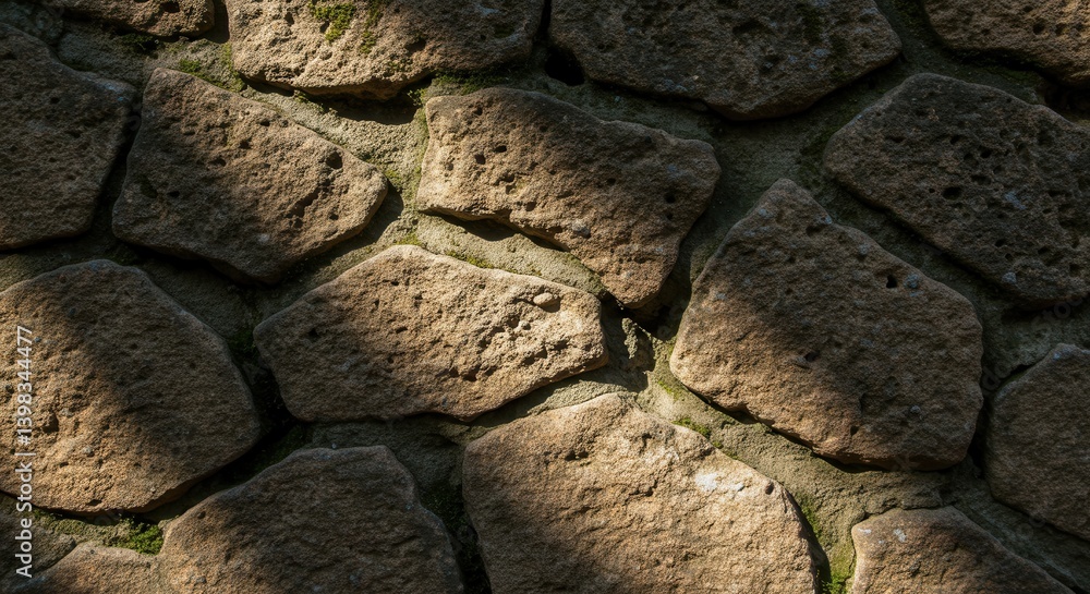 Poster Rustic stone wall with moss and shadows creating a textured pattern