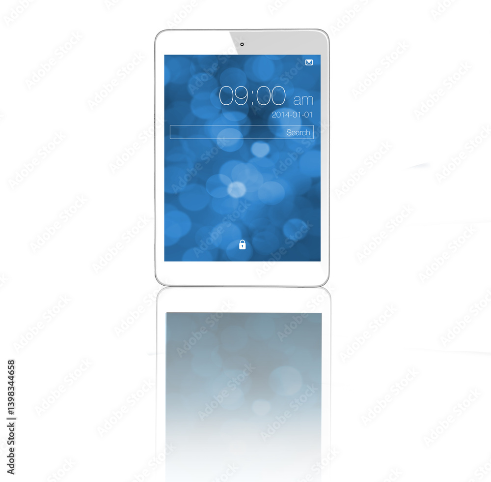 Poster tablet, screen and digital ui in studio isolated on a white background mockup space. technology, loc
