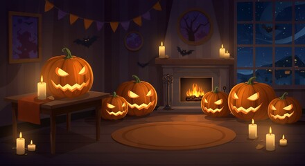 Fototapeta premium Halloween Pumpkins Glowing in Cozy Room with Fireplace