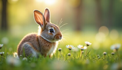 Brown rabbit sitting in flower-filled grass at sunrise