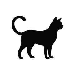 A silhouette of a cat standing with its tail curled on a plain white background design
