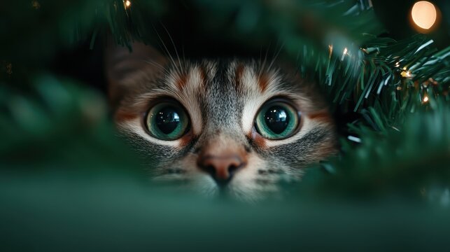 A gorgeous cat observing from beneath vibrant Christmas decorations, emphasizing the playful nature of pets during the joyous holiday season with eyes full of wonder.