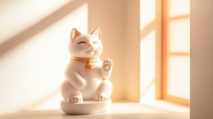 A lucky cat statue with its paw raised, set in a minimalist room with a glowing aura of wealth and happiness