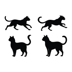 Four black cat silhouettes in various poses including standing and running on white background