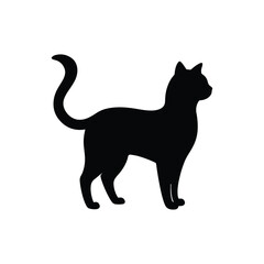 Silhouette of a black cat standing with its tail curled upwards on a white background