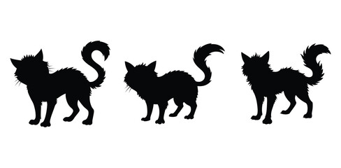 Three black cat silhouettes standing on a white background