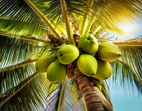 Close-up of ripe green coconut growing on palm tree, tropical sky and palm leaves in the background