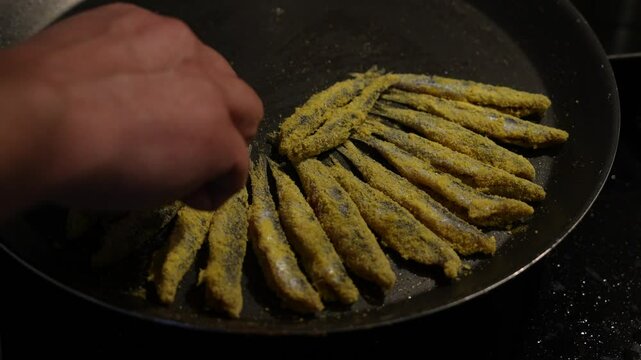 Preparing Fried Anchovies (Hamsi Tava) in the Kitchen Video, Uskudar Istanbul, Turkiye (Turkey)