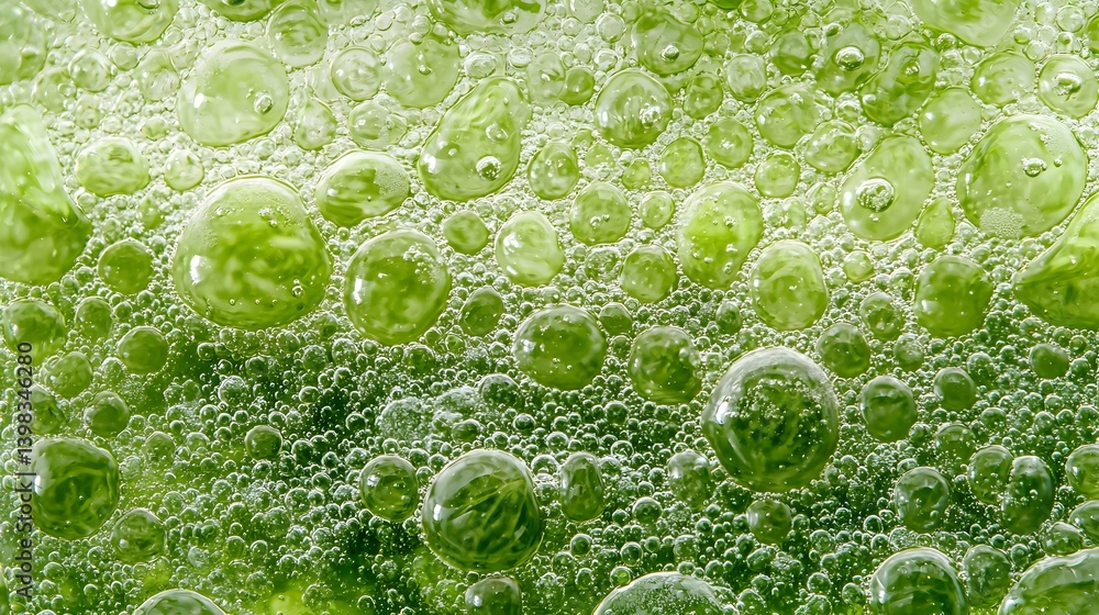 Aufkleber bubbles: a close-up of vibrant green bubbles. a display of light refraction creating an abstract and