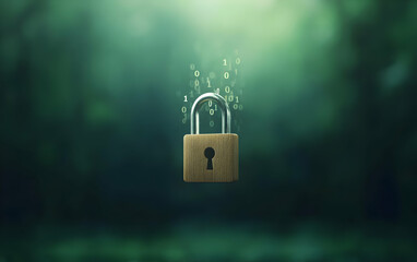 A wooden padlock floating in a mystical green atmosphere, symbolizing security, protection, and confidentiality.