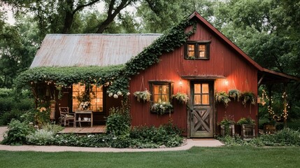 A cozy red cabin surrounded by lush greenery and soft lighting