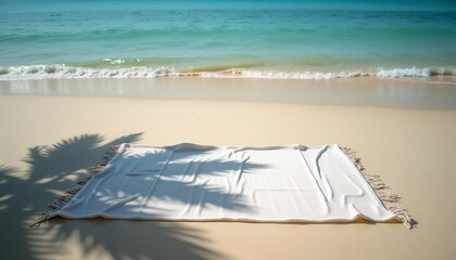 Empty beach towel on tropical sandy shore with ocean view