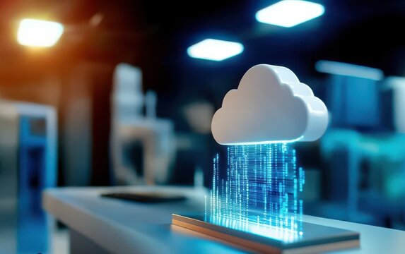 A stylized cloud icon releasing binary code, symbolizing cloud computing and data transfer in a modern tech environment.