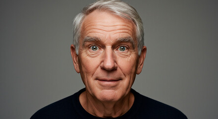 Fototapeta premium Close-up portrait of a man with gray hair, wearing a dark sweater against a gray background, looking directly at the camera.
