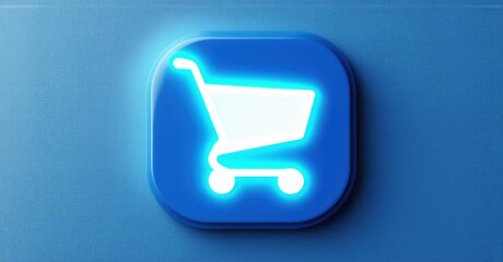 Sleek blue and white online shopping cart icon with glowing checkout button on modern rounded square background flat three dimensional glossy style round square shape modern ap