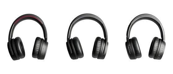 Three pairs of black over-ear wireless headphones are arranged horizontally for an audio equipment advertisement isolated on transparent