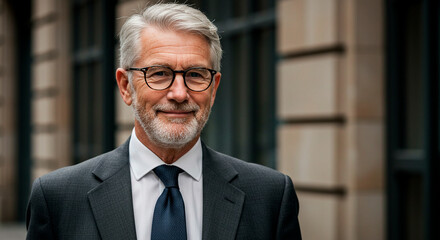 Senior professional in business attire, confident and composed, with city building backdrop. Suitable for business, finance, leadership themes.