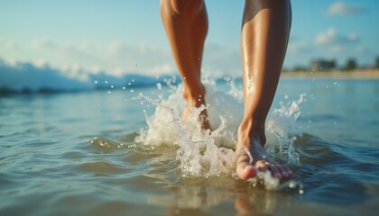 Man walking through shallow ocean water on sunny beach