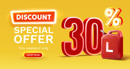 Discount on a canister of gasoline liters, 30 percent discount on liters. Vector illustration
