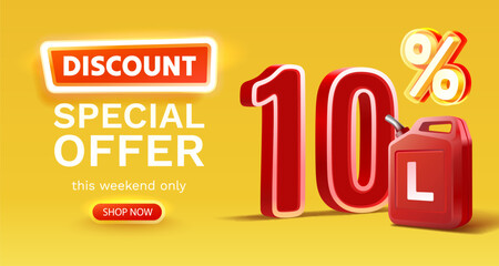Fototapeta premium Discount on a canister of gasoline liters, 10 percent discount on liters. Vector illustration