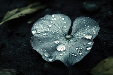 A single hydrangea petal, dark and moody, adorned with glistening raindrops on the ground.