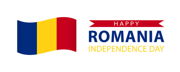 Romania Independence Day, simple minimalist web banner design. Text Happy Romania Independence Day and Romanian flag isolated on white background.