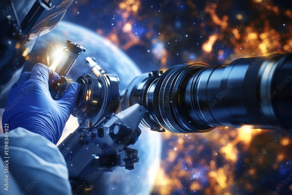 Poster scientist using advanced telescope to explore distant celestial objects in space