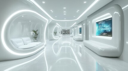 Futuristic white hallway with seating areas and informational displays present